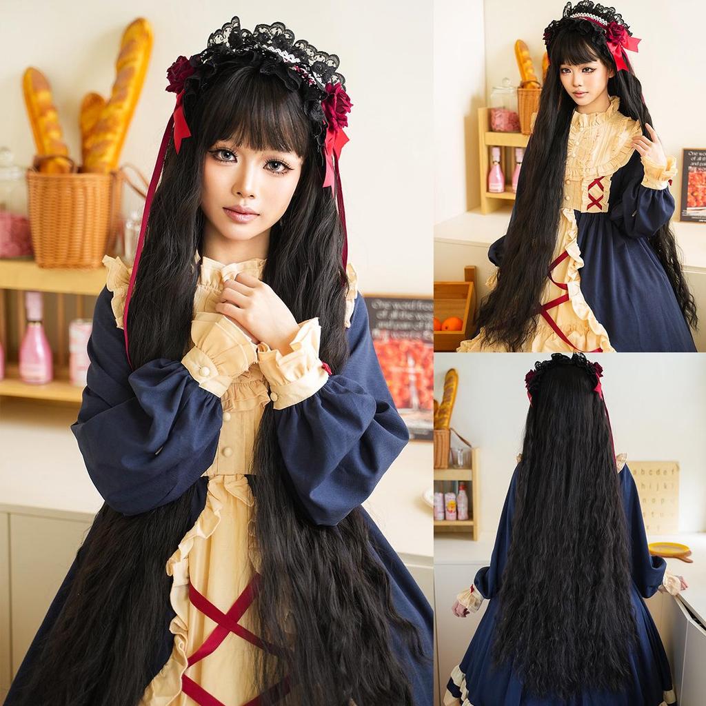 Golden Curly Long Bangs Lolita Wig - Soft Synthetic Fiber for Role Play