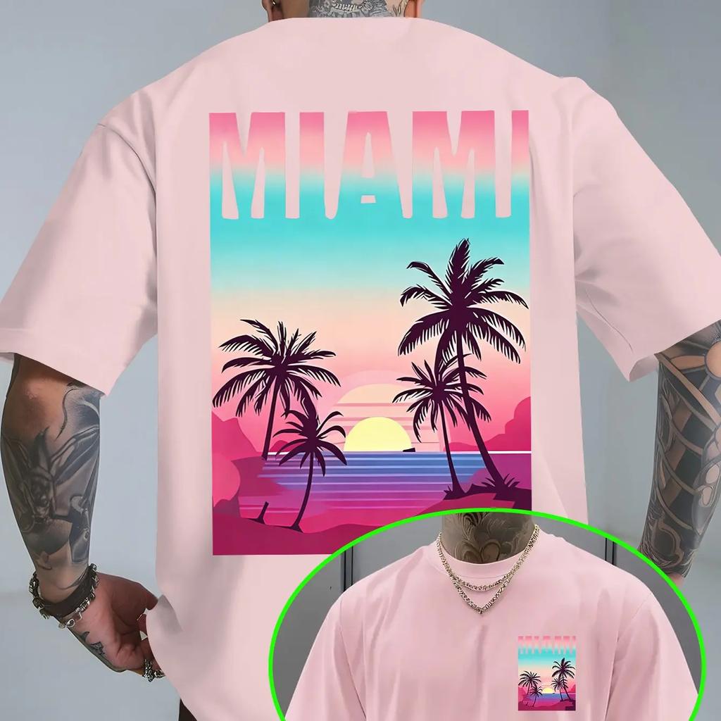 Reine Baumwolle Atmungsaktiv Neon-Farbverlauf Miami Unisex Strandmotiv T-Shirt Ein Vielseitiges Oberteil Für Sommerliche Strandausflüge 2026 Sommer Neu
