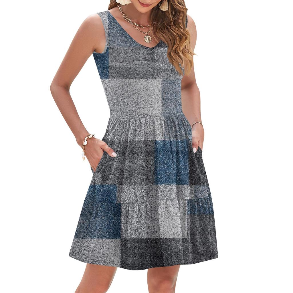 Women's Summer Fashion Casual V-neck Pleated Patchwork Color Block Patchwork Print Sleeveless Pocket Vest Dress