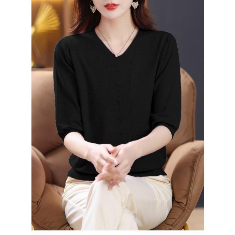 Summer Autumn V-neck Solid Color Knitting Pullover Top Women 3/4 Sleeve Solid Color Knitting Tee Ladies Sweater