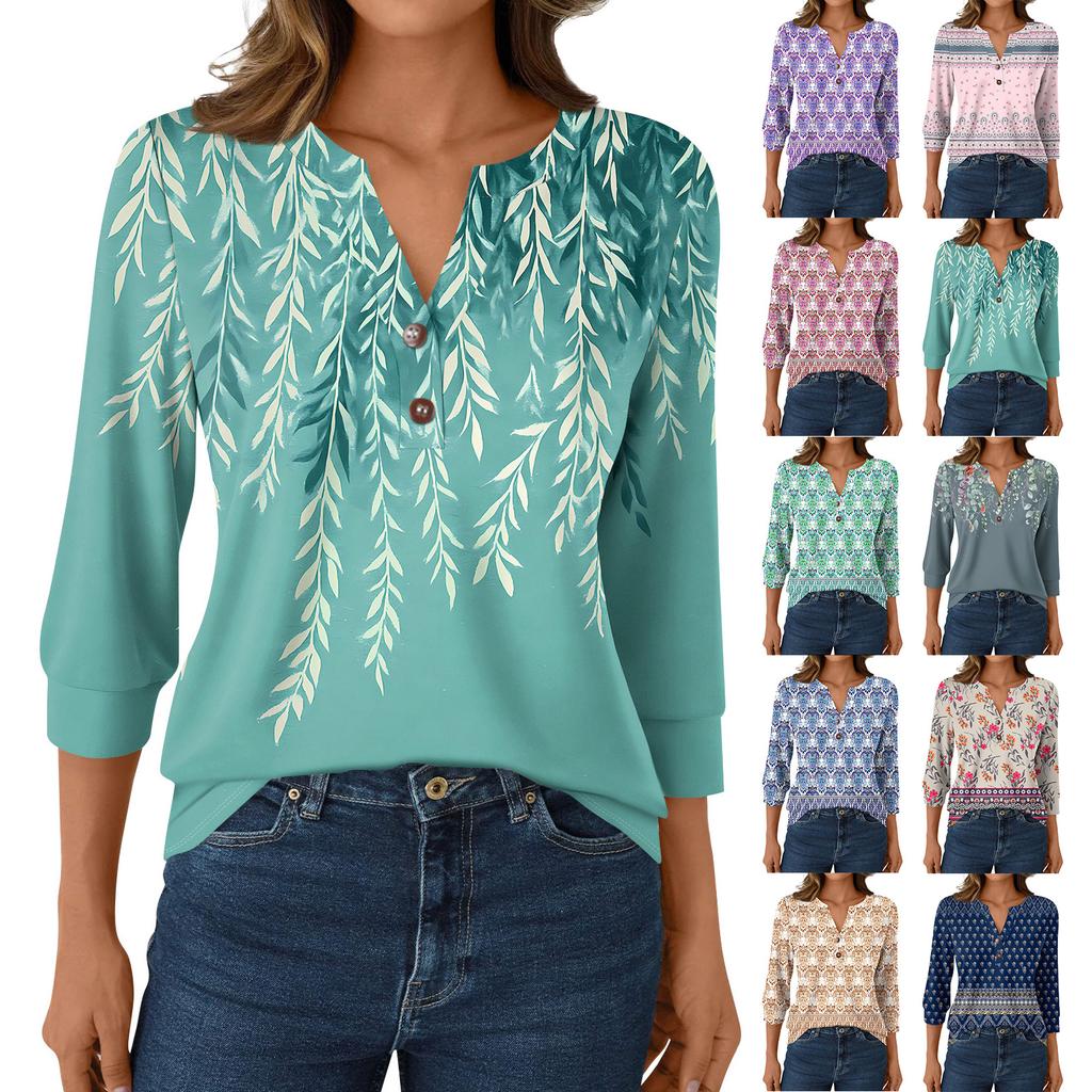 T-shirt Manches 3/4 Décontracté Mode Femme Imprimés Col V Boutonné