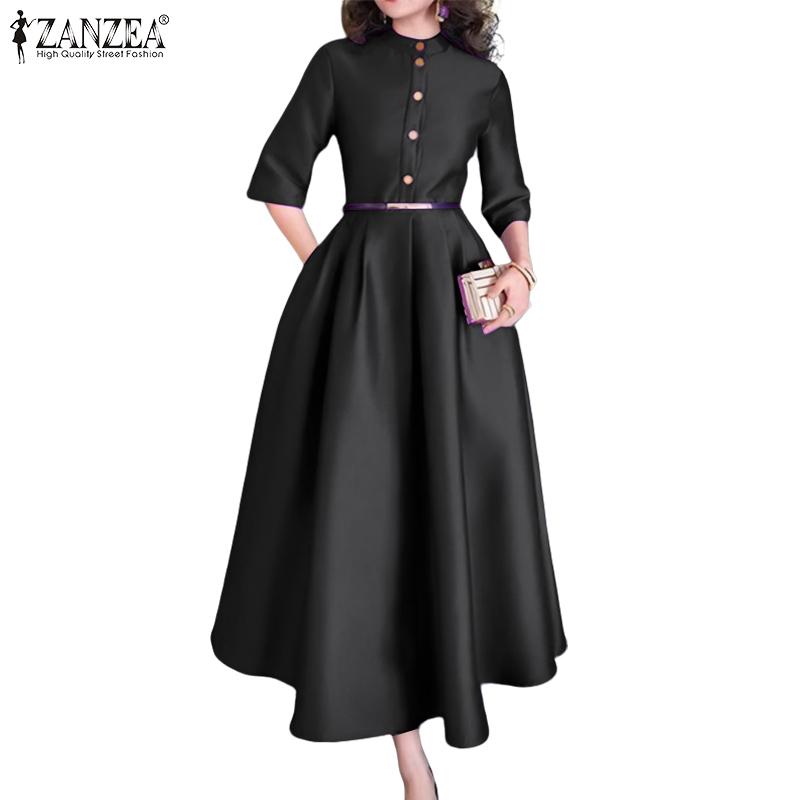 ZANZEA Women Casual Stand Collar 3/4 Sleeve Loose Long Dress