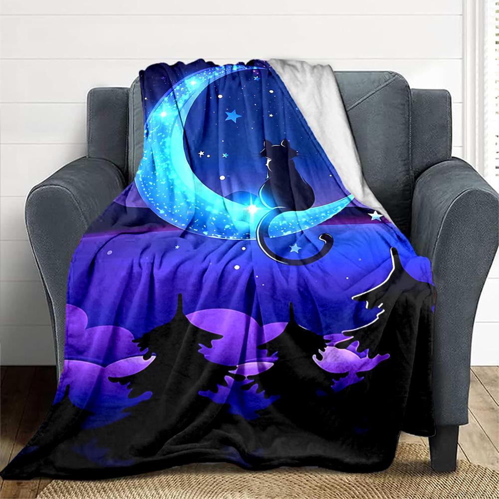 1pc Moon Cat Lightweight Flannel Blanket, Comfortable and Warm Blanket, for Office and Camping Sofa Bed, Livingroom032