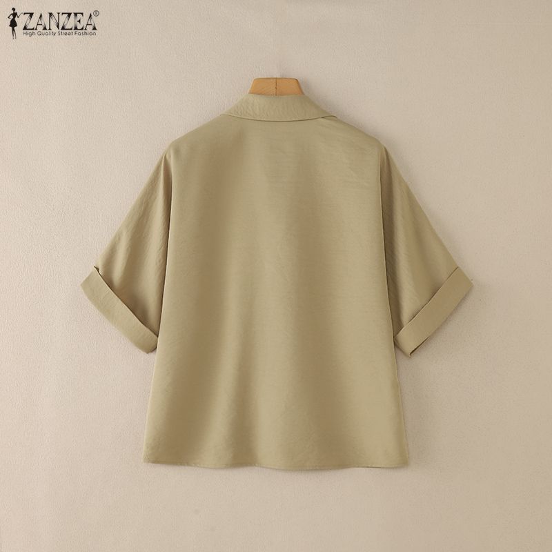 ZANZEA Women Casual Turn Down Collar Loose Short Sleeve Blouse