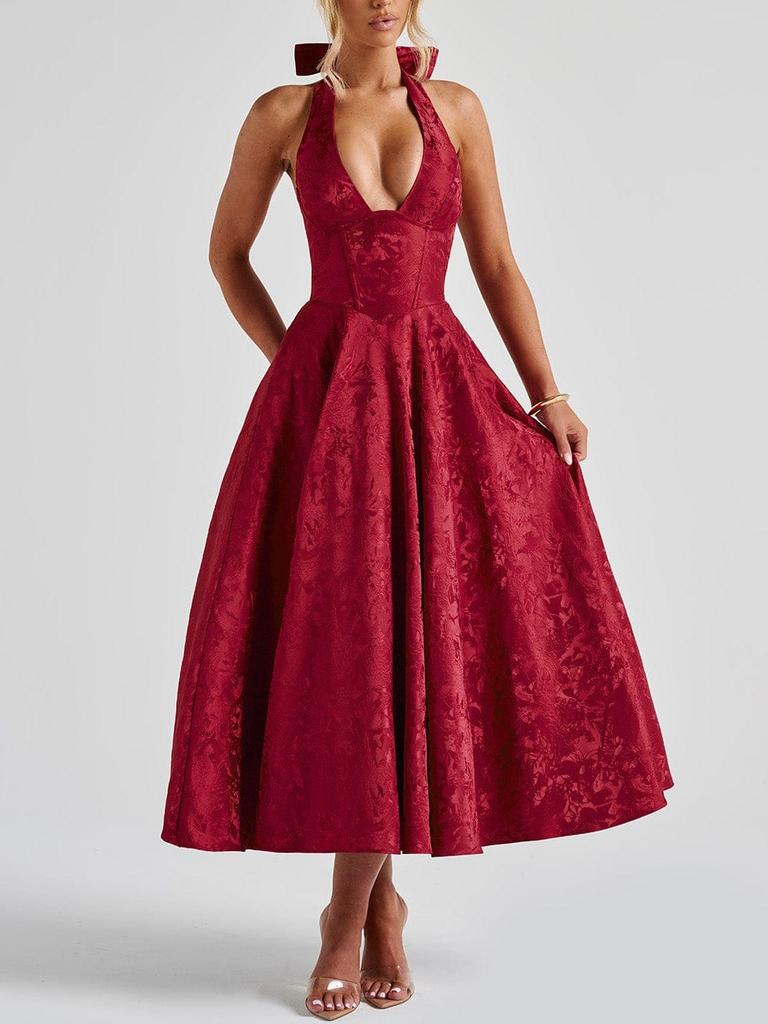 2026 Abito da Sera Jacquard Scollo a V con Laccetti sulla Nuca Schiena Scoperta Vestibilità Aderente Elegante