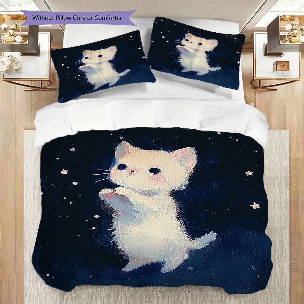 White Cat Pattern Bedding Quilt Set Quilt Cover Pillowcase Home Decoration Birthday Gift (1 * Duvet Cover + 2 * Pillowcase, Without Core)