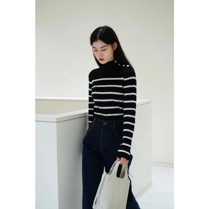 Autumn New Fashion Versatile High-end Striped Sweater Sweater Women's Chic Western Style Bottoming Shirt Top