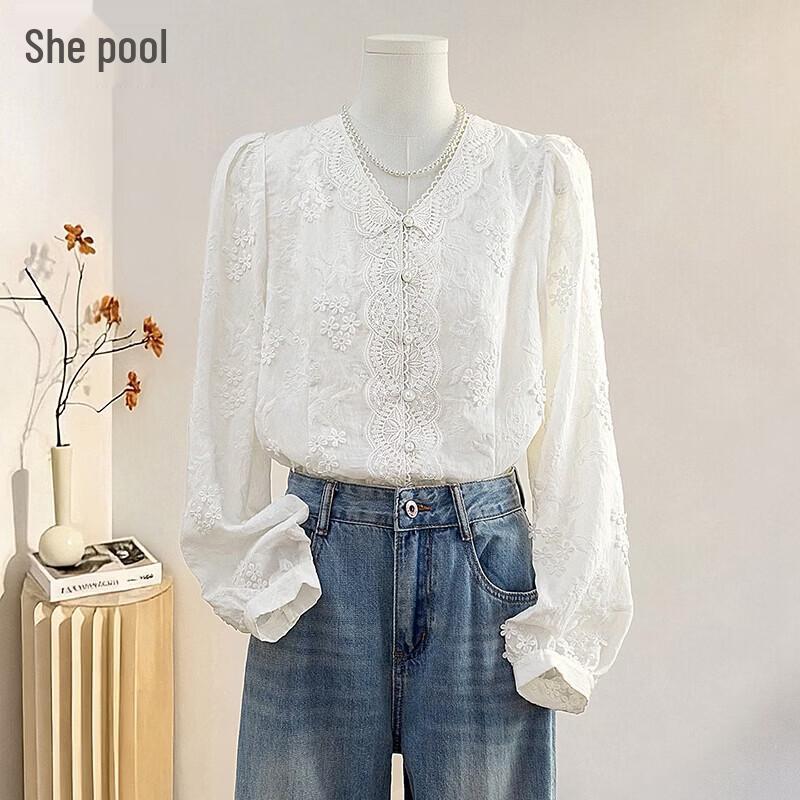 French Style Lace Trim V-Neck Embroidered Long Sleeve Blouse M