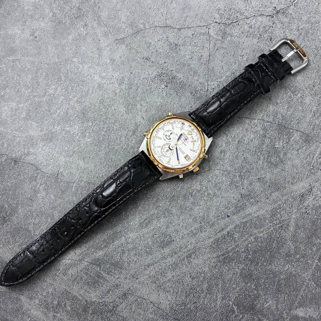 SEIKO Worldtimer Chronograph GMT Date Quartz 38mm White Dial Gold Watch 6M15-0020 Men's