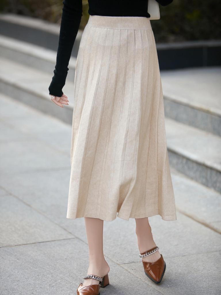 Women's Gray High-Waist Pleated A-line Skirt for Autumn/Winter - Mid-Length, Slimming, Petite Fit