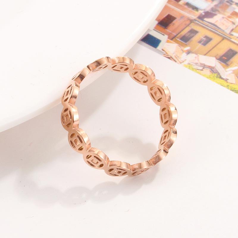 Fashion Rose Gold Color Cute Coin Tail Rings for Woman Hollow Stainless Steel Charm Jewelry Chinese Style Prevent Girl Gifts