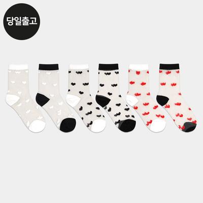 PG Women's/Student Heart Pattern See-Through Mid-Calf Socks (3 Pairs) Set Daily Mesh