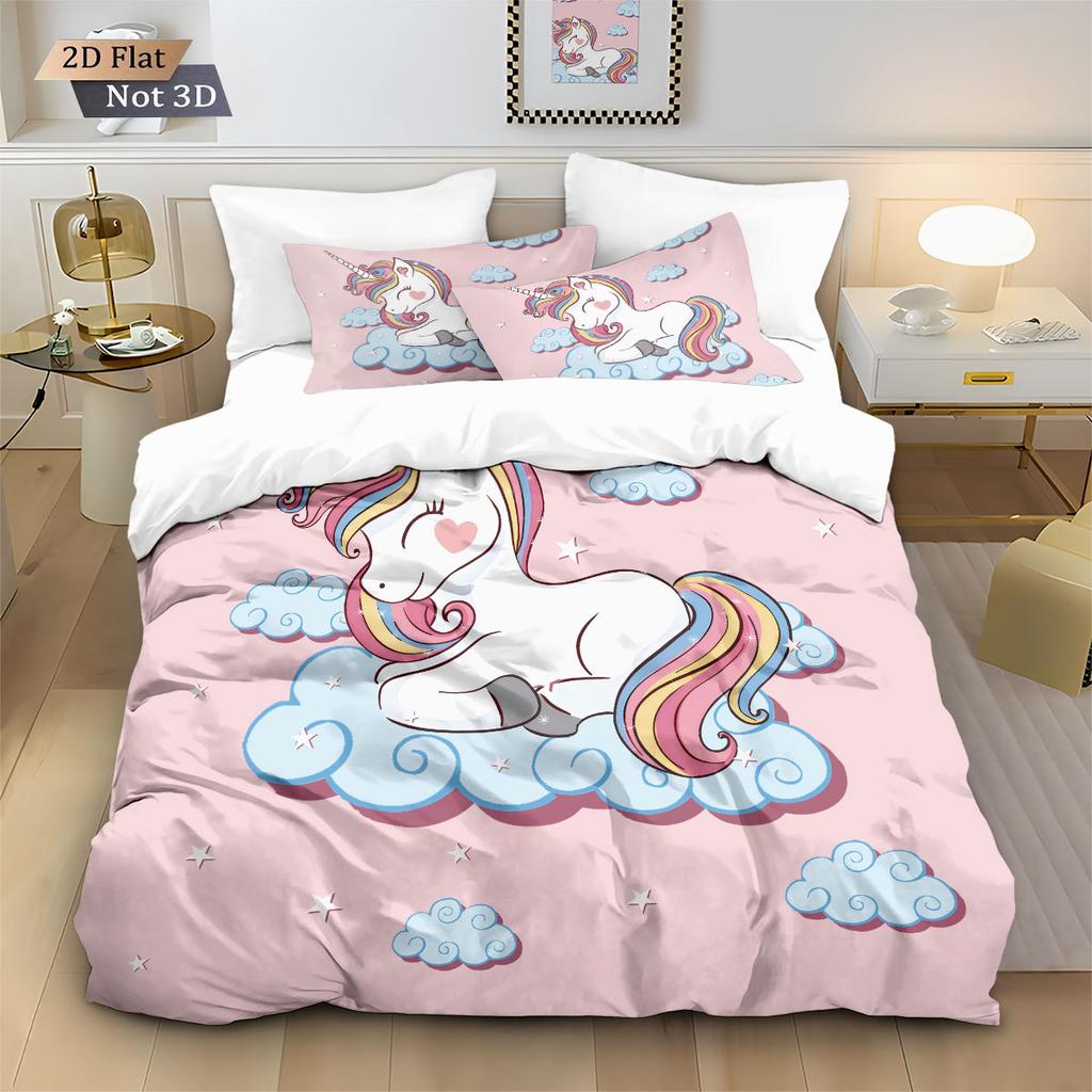 Kids Girls Unicorn Pink 3D Bedding Set Duvet Cover,Cartoon Bedcllothes Animal Printed Queen King Size Home Duvet Cover with Zip