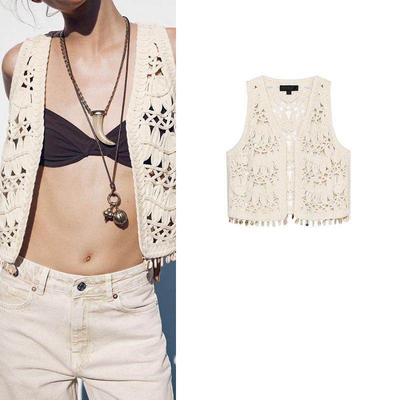 Summer New Product Women's Clothes Seaside Vacation Style Shell Trim Sleeveless Cardigan Knitting Vest Jacket 2142054