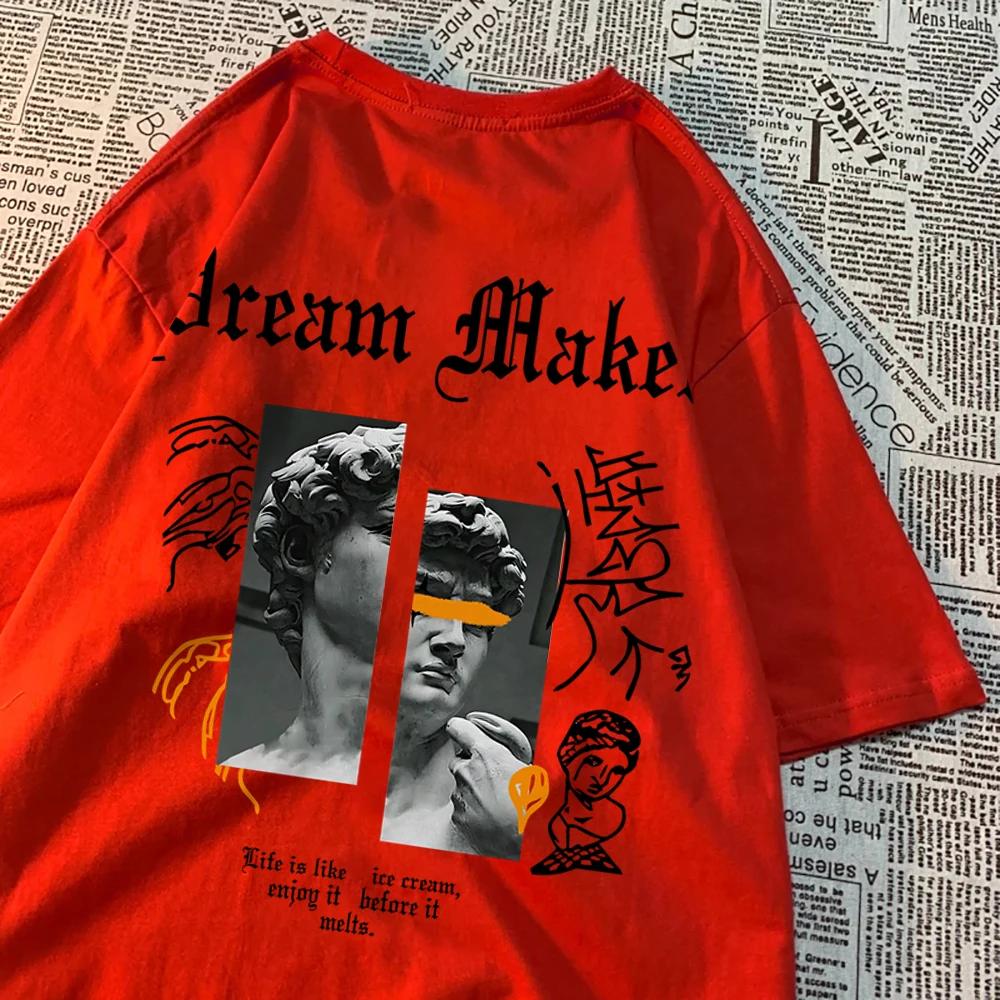 

Мечта Создатель Смелый Скульптура Pattern Одежда Мужская Винтаж Хлопок Уличная одежда Парные футболки с круглым вырезом Однотонные летние топы XXXXXL