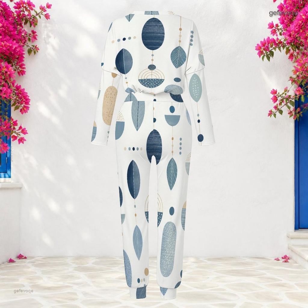 Women Plus Size Geometric Printed Round Neck Long Sleeve Two Piece Set Cuffed Top And Pants With Pockets