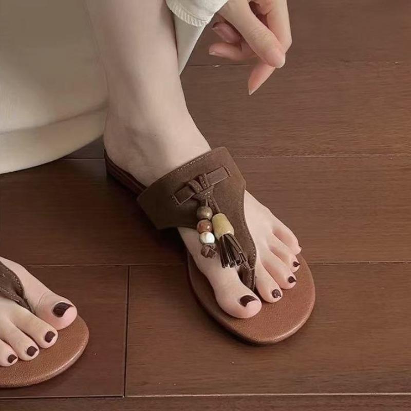 Retro Metal Pendant Decoration Flip Flops Woman Fashion Square Toe Low Heel Slippers Summer Outdoor Casual Sandals