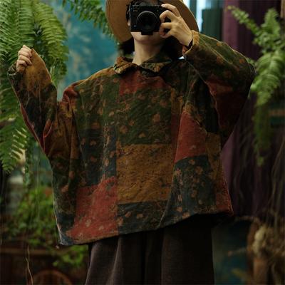 Frauen Vintage Print Floral Pullover Parkas drehen-unten Kragen Langarm Winter Mäntel Warme Lose Parkas