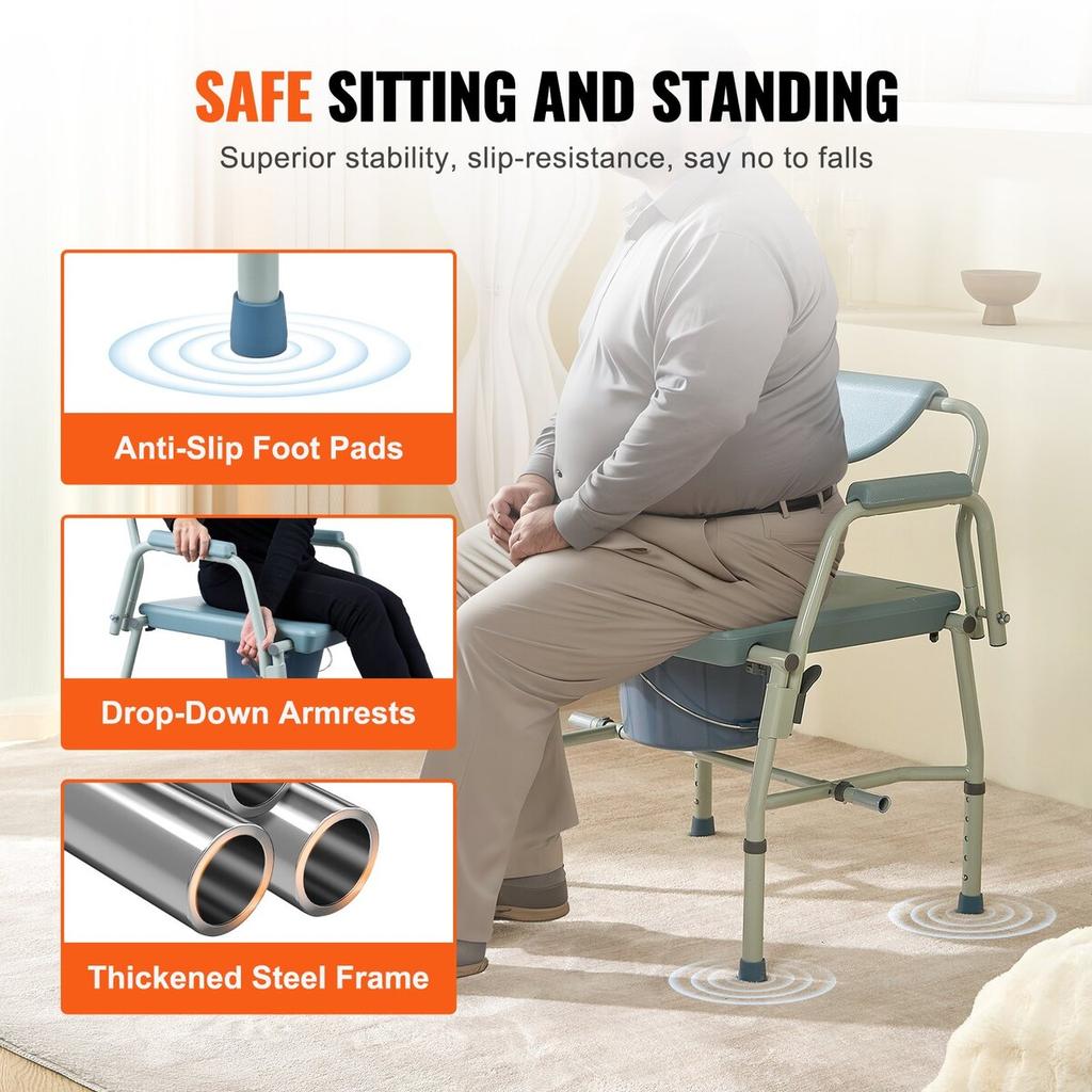 Commode Chair, Bedside Commode with Drop-Down Arms and Detachable Backrest, 5-Level Adjustable Height, 7L Removable Bucket, Easy to Assemble, 1000LBS