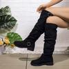 Women's Solid Color Trendy Boots, Buckle Belt Pull On Chunky Heel High Knee Boots, Winter Round Toe Slouchy Boots