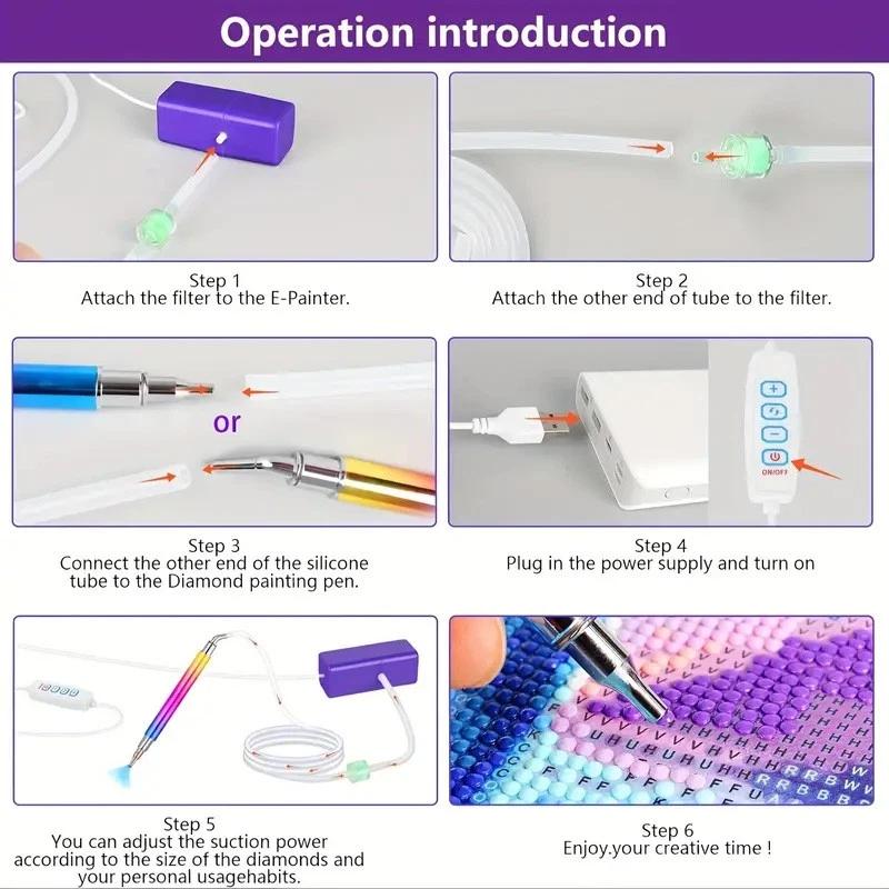 Electric Diamond Art Painting Pen DIY Craft Beading Plates USB Suction Device Point Drill Tool 3/6 Drills Tips With Storage Bag