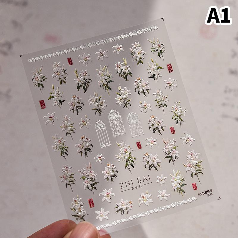 1 Sheet Pearl Lily Flower Nail Sticker Relief 3D Jelly Five Petal Flower Nail Art Decoration Decals Diy Self Adhesive Sliders