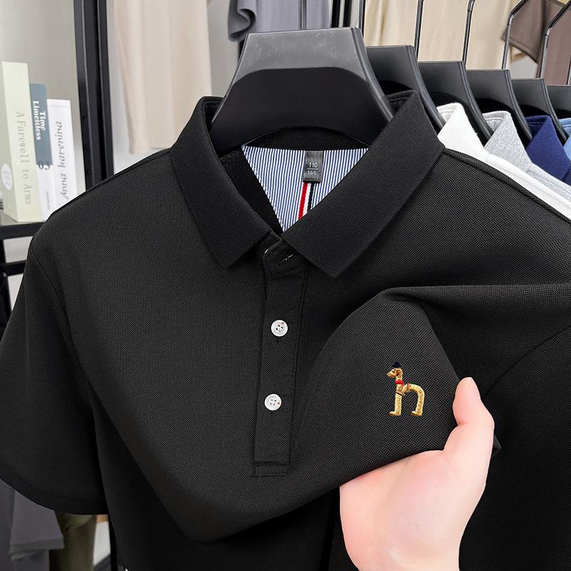 Short-Sleeved T-Shirt Men'S Medium And Green Lapel Collar Business Casual Solid Color Polo Shirt Simple Embroidery