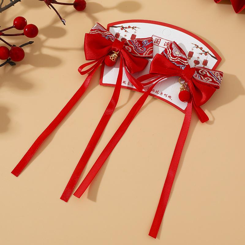 

Детская заколка-бантик с кисточками на китайский Новый год - красный, аксессуар для головного убора в старинном стиле