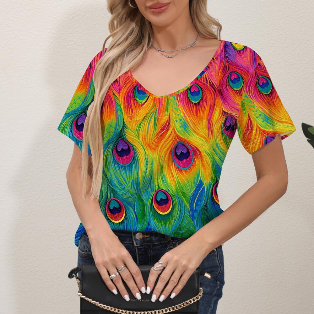 

Женская футболка Летняя Блузка с Градиентным Графическим Принтом V-образный вырез Модная Женская Ретро Одежда Футболка с Цветочным Принтом Женская Одежда XXXL