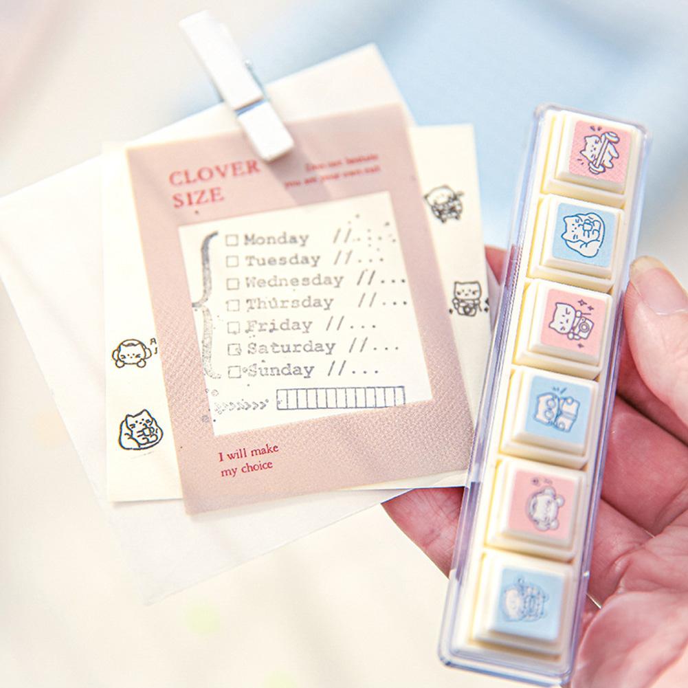 6Pcs Cartoon Cat Seal Sweet Dream Diary Series Cute Stamp Seal Set Stationery Journal Scrapbooking Diary DIY Decoration Gift