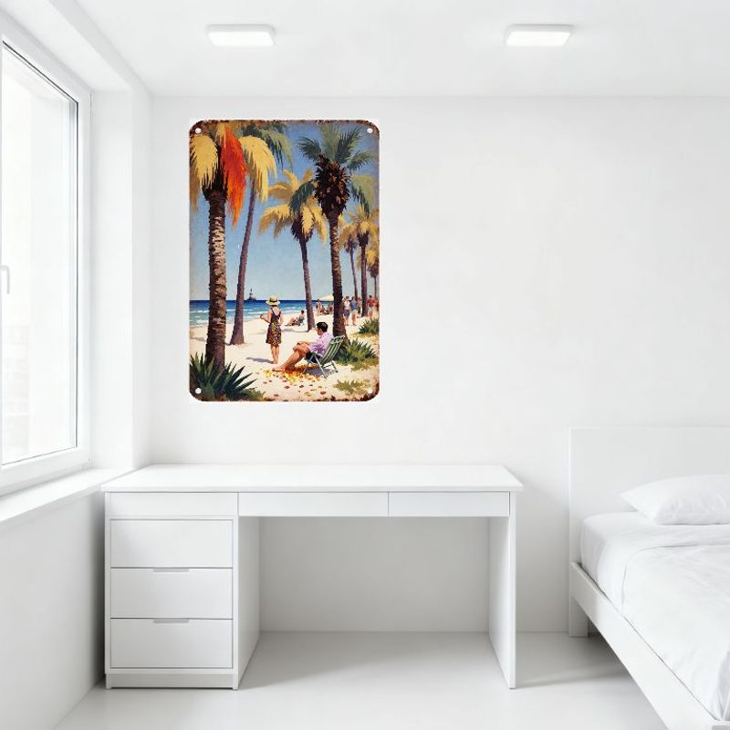 Vintage Tropical Beach Scene Metal Tin Sign, Suny Palm Trees Ocean Lighthouse Sailboats Wall Plaque, Retro Vacation Home Cafe Ba