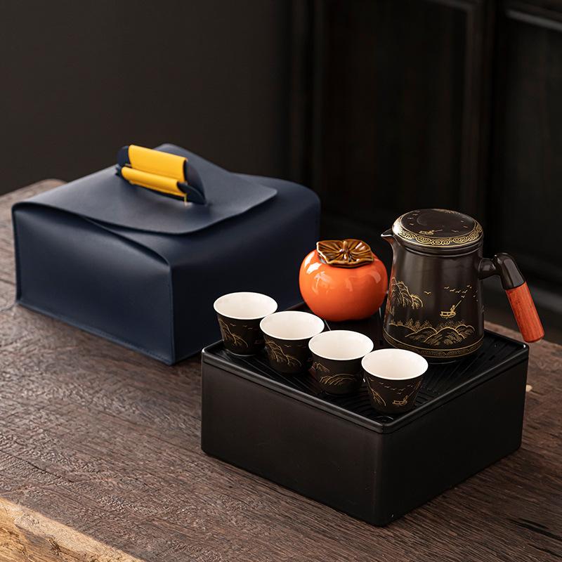 Outdoor travel tea set equipment Ceramic tea brewing tea drinking Kuaike cup portable bag camping tea cup small set