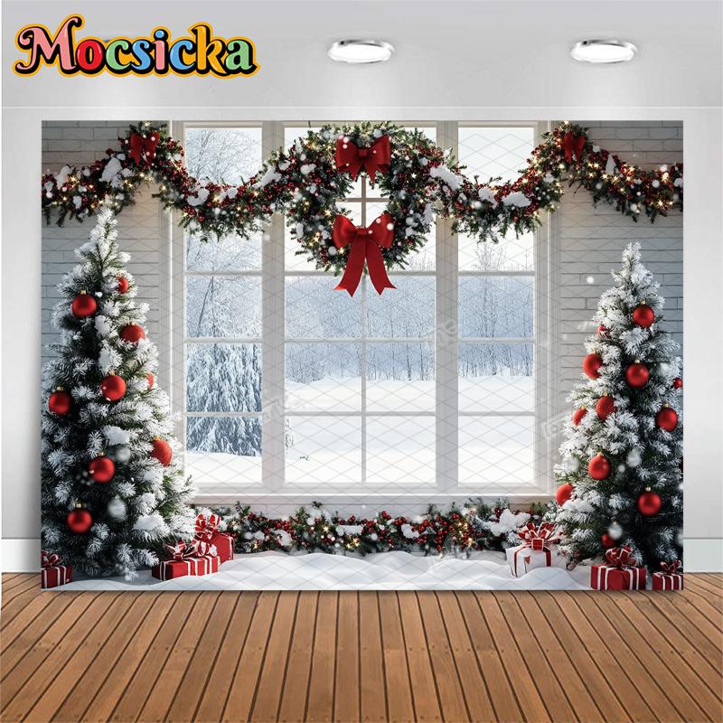 Mocsicka Christmas Photography Background Family Festival Party Backdrops Home Xmas Tree Winter Snow Window Pattern Decor Banner