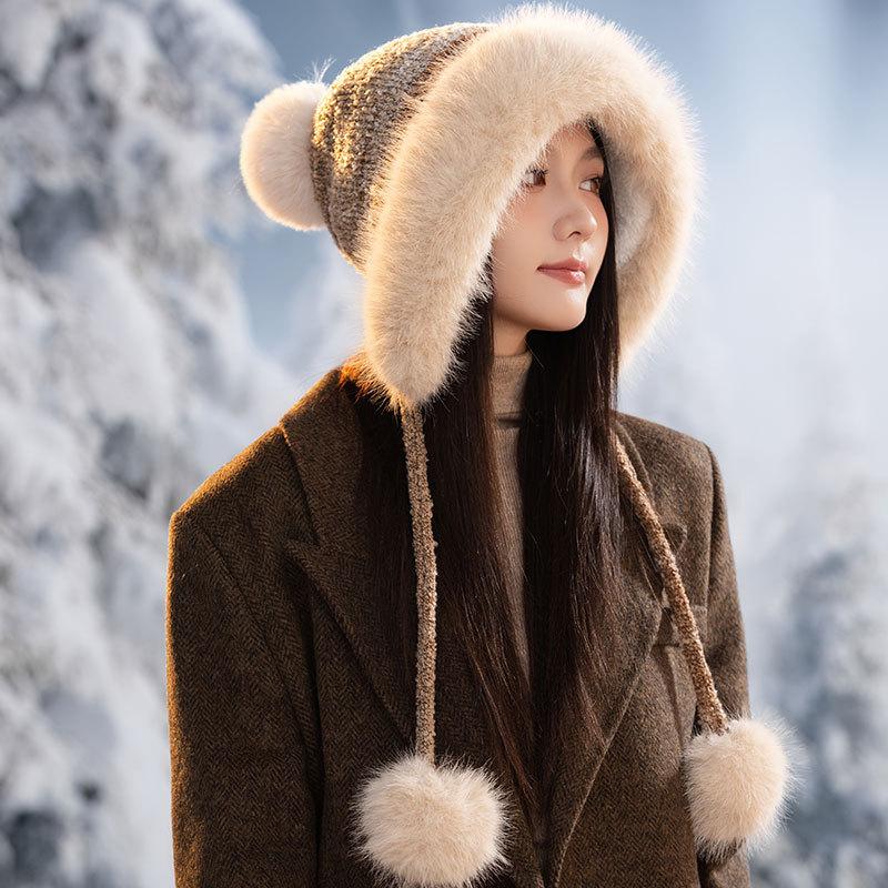 Ear Protection Knitted Thermal Hat Women's Autumn and Winter Piled Thickened Hairball Wool Colorful Hat