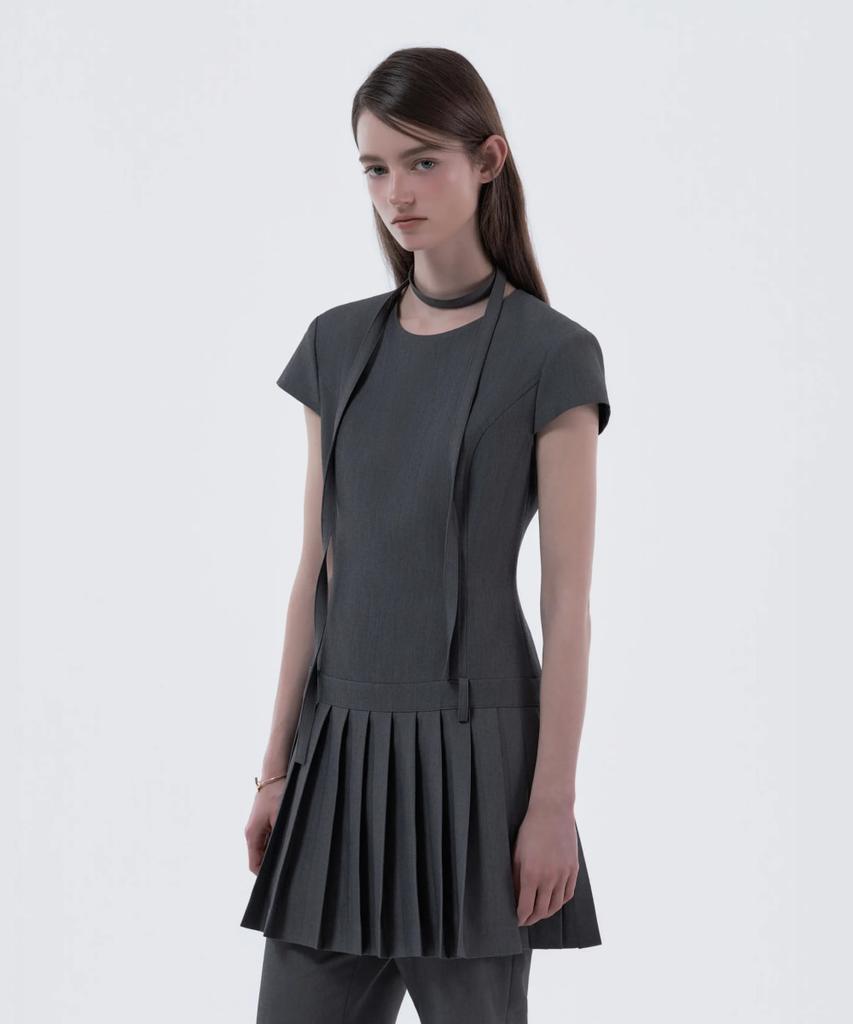 Mausolleum Back Bow Pleated Dress Top - Gray