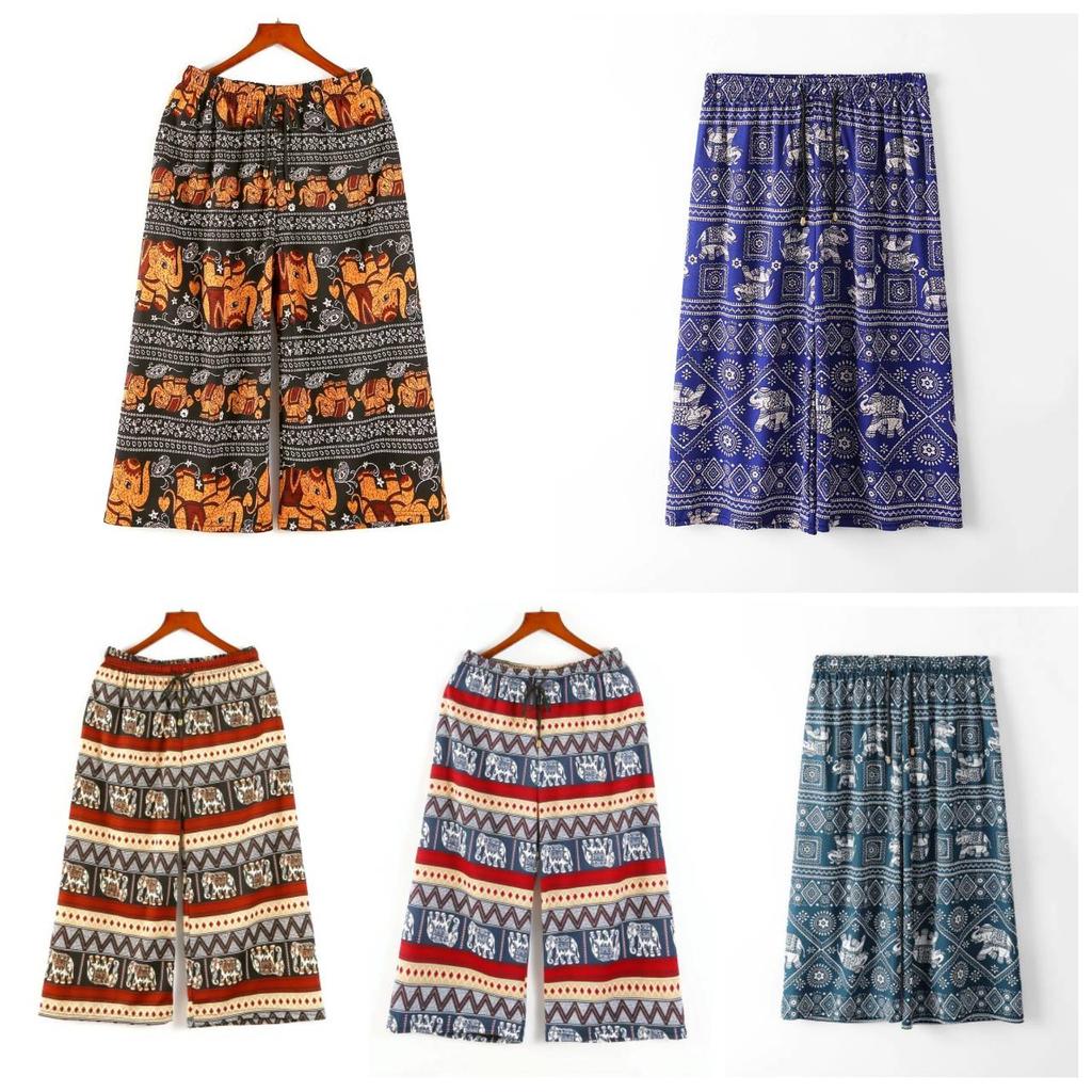 Elephant Pants Loose Legs Adjustable Elastic High Waistband Strap Rope Women Men Unisex Print Thailand Casual Streetwear Beach Bohemian Retro Vintage