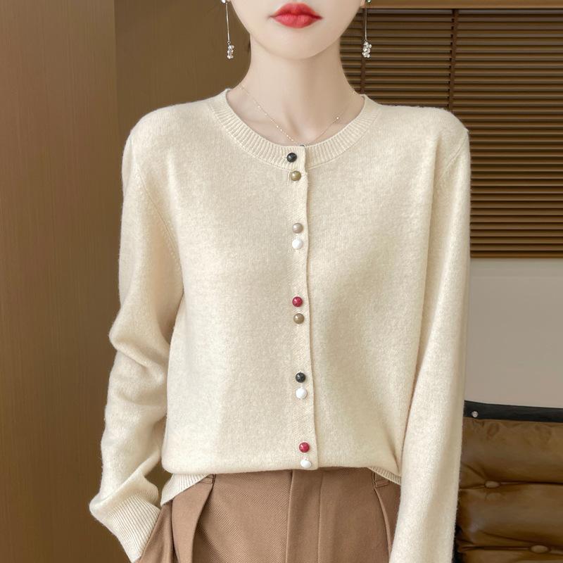 Color Buttons Soft Short Round Neck Sweater Women's Spring and Fall Knitwear