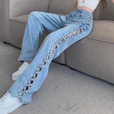 Jeans 2024 mit hoher Taille und weitem Bein für Damen: Schmal, vielseitig und bodenlang für Frühling/Sommer.