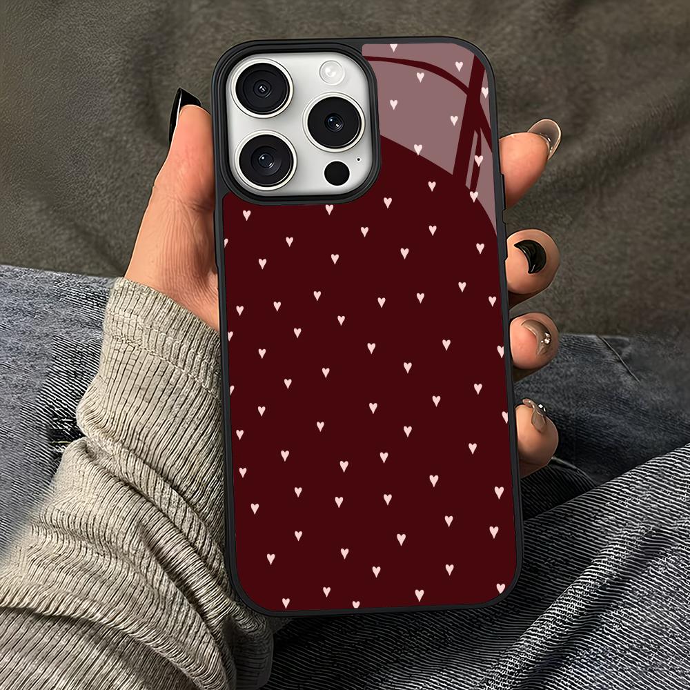 Wine Red Little Love Glass Phone Case Suitable for iPhone 17 16 15 14 13 12 11 Pro/Max/Plus Anti Drop and Anti Shock Back Cover