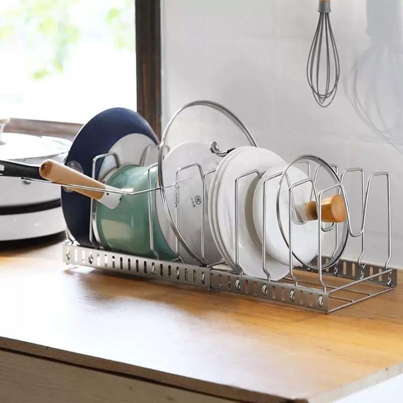 Steel Adjustable Pot Lid Rack Wall Mounted Organizers For Kitchen Storage Solution with Tool Easy Setups for Kitchen Use