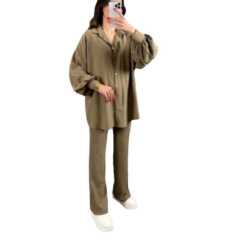 European and American Spot Women's Suit 2025 New Fashion Bubble Long-sleeved Loose Lace-up Shirt Straight Casual Pants Two Pieces