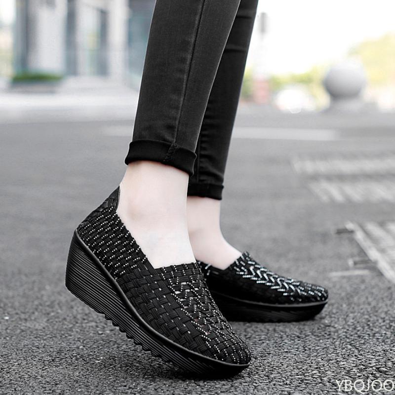 2025 Spring Women's Weaving Sports Slope Heel Shoes Women's Casual Breathable Thick Bottom Sports Walking Shoes Zapatos De Mujer