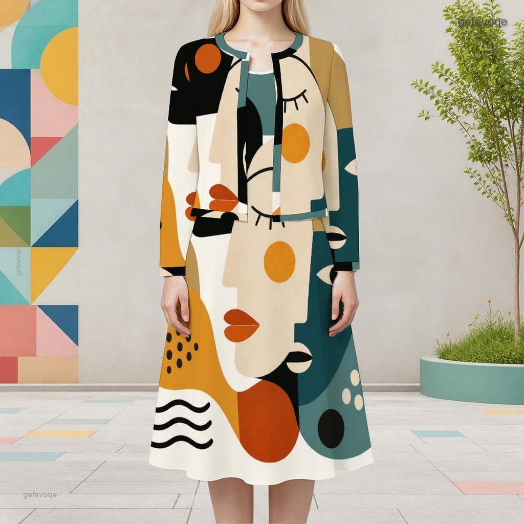 Women Plus Size Two Piece Dress Set Round Neck Long Sleeve Printed Cropped Cardigan Sleeveless Midi Dress