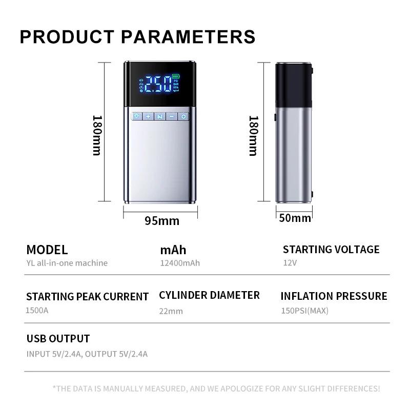 1500A 12V Car Jump Starter Air Pump 4 In 1 Air Compressor Portable Outdoor Power Bank LED Lamp Battery Starter Tyre Inflator