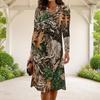Women Plus Size Round Neck Long Sleeve Butterfly Printed Black A Line Dress