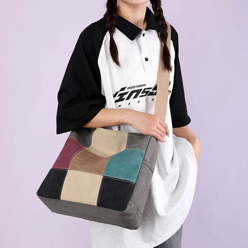 Damen Farbblock Patchwork Canvas Umhängetasche Lässige Schultertasche Mode Outdoor Einkaufen
