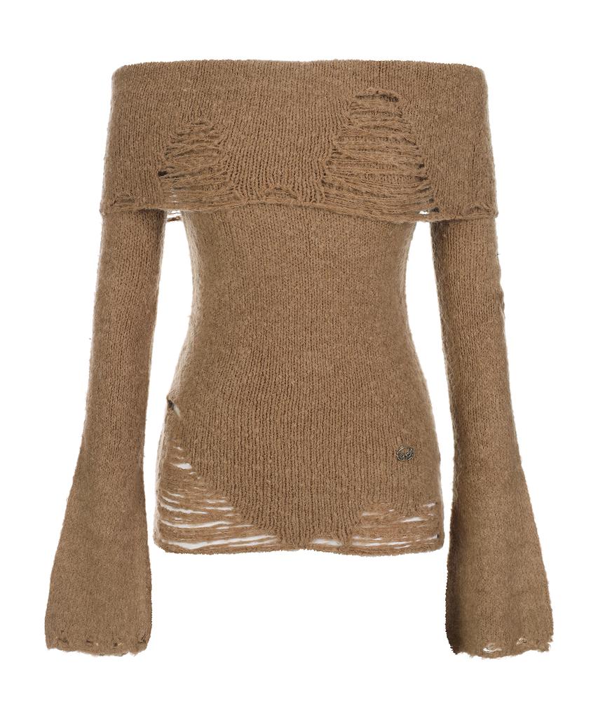 LALAFOX Knit Off-Shoulder Slim Knit Camel Bq4Kl009