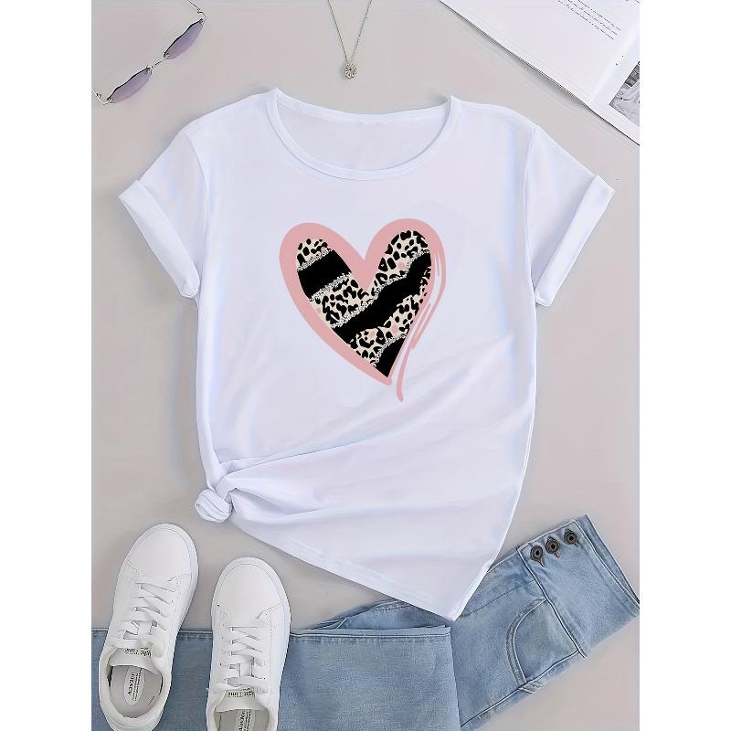 Womens Casual Sports Loose Heart Graphic T Shirt Leopard Print Round Neck Letter Printed Summer Workout Top