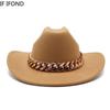 Vintage zachodni kapelusz kowbojski z grubym złotym łańcuszkiem zakrzywiony okap Cowgirl czapka jazzowa kobiety filcowe kapelusze Fedoras