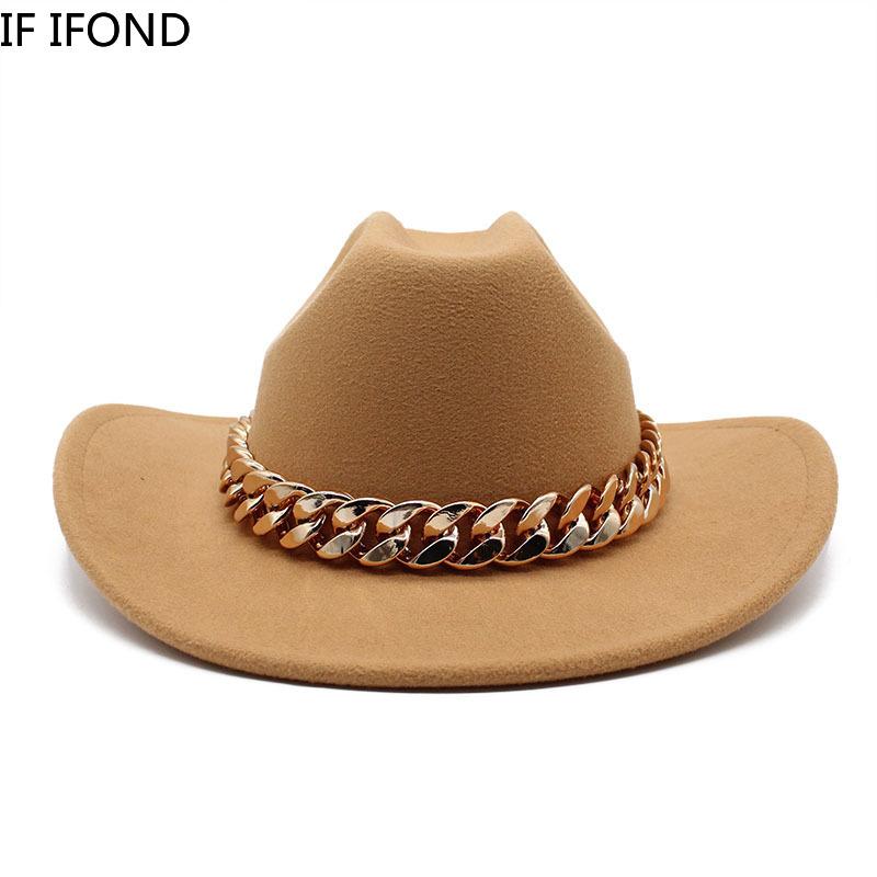 Vintage zachodni kapelusz kowbojski z grubym złotym łańcuszkiem zakrzywiony okap Cowgirl czapka jazzowa kobiety filcowe kapelusze Fedoras